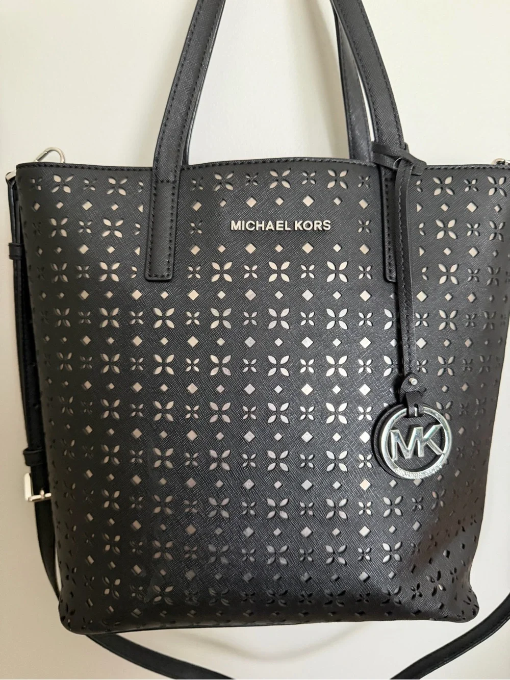 Michael Kors Black Perforated Tote with Logo Charm